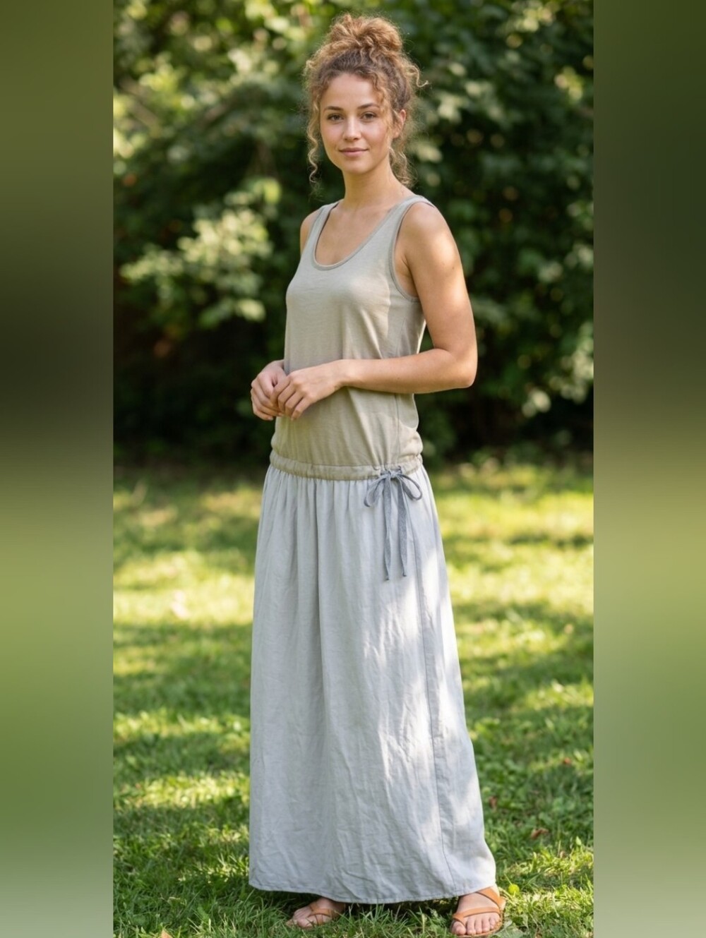 Nina Kendrosa Sleeveless Tie Waist Gray Cotton Dress.